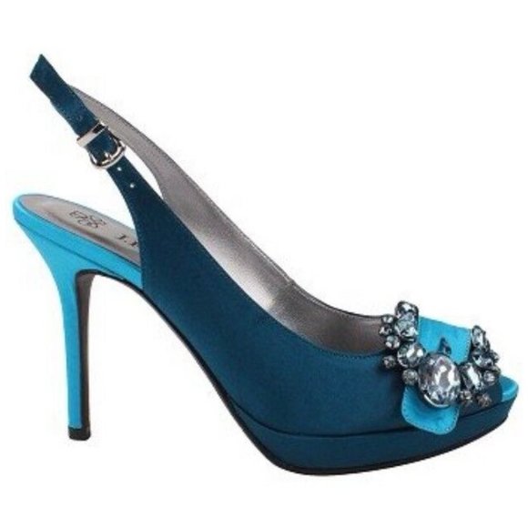 SOLD❗️ New J Renee REGINA Teal & Peacock Jeweled Peeptoe Satin Shoes in Size 8.5 - Picture 8 of 16